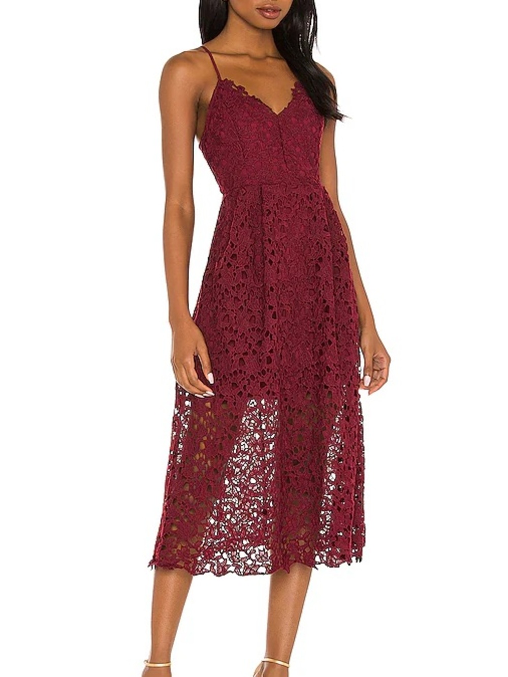 Astr The Label Burgundy Lace Midi Dress with Spaghetti Straps